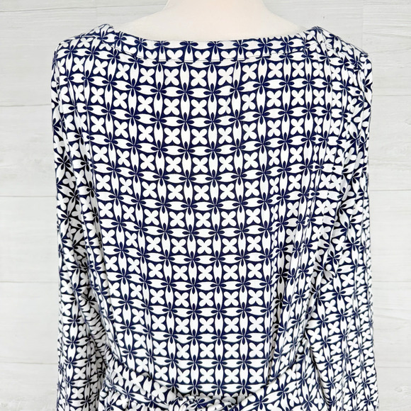 Boden Jersey Tunic Dress Size 20 / 22 Tall Navy Geometric Print Tie Waist V Neck - Picture 8 of 13